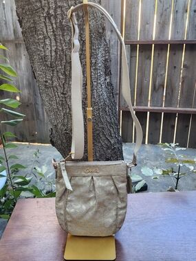 Coach Pleated Signature Jacquard Swingpack Crossbody Bag Metallic Gold Lurex